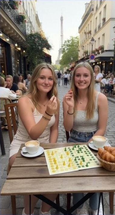 Two friends enjoying a game of Aussie Checkers at an outdoor café in Paris, the Eiffel Tower behind them.