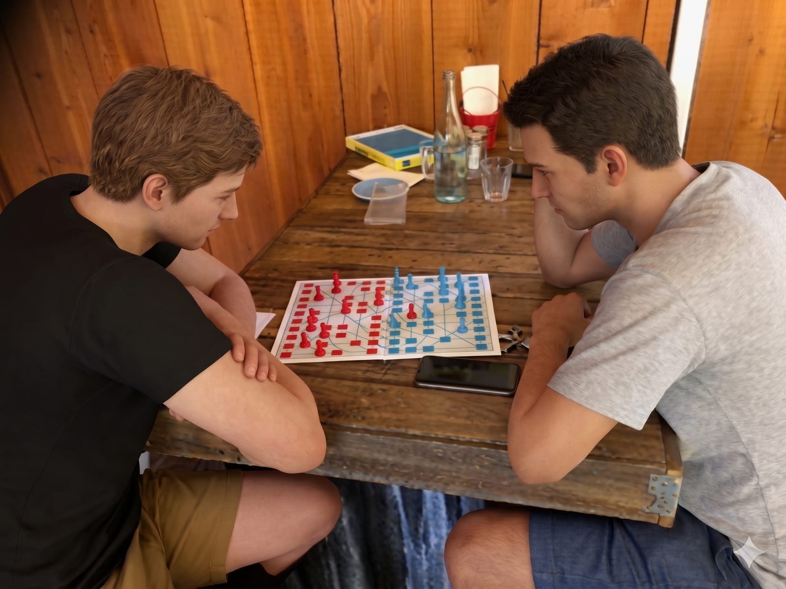 Two young men facing each other across a rustic timber table, studying an Aussie Checkers board with total concentration — red pieces vs blue, mid-game.