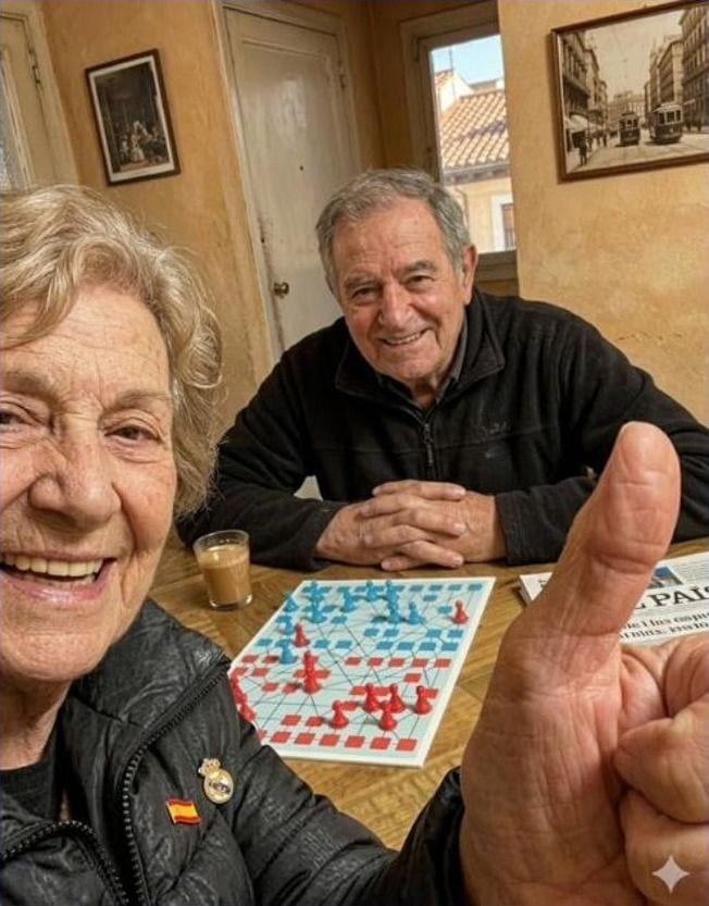 An older couple smiling over a game of Aussie Checkers at home.