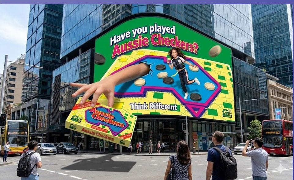 Street billboard reading ‘Have you played Aussie Checkers?’ with the Think Different tagline.